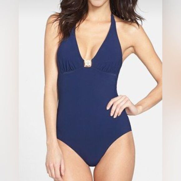 Tory Burch Logo Halter One Piece Swimsuit Navy Size XS Summer Beach Vacation - Picture 1 of 7